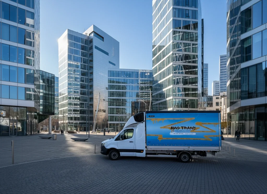 Mercedes Sprinter AMG Trans zaparkowany na poboczu drogi, z tłem nieba, zieleni i przemysłowych budynków.