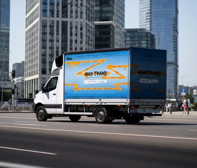 Camion e furgoni davanti a una nave container – rappresentazione delle opzioni di spedizione in groupage e trasporto dedicato per la logistica B2B.