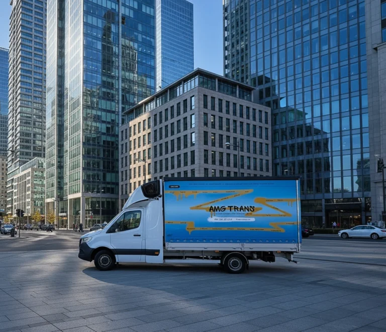Bus dostawczy Mercedes-Benz Sprinter z logo AMG Trans na tle nowoczesnych wieżowców w mieście, symbolizujący międzynarodowy transport i kabotaż w ramach Pakietu Mobilności