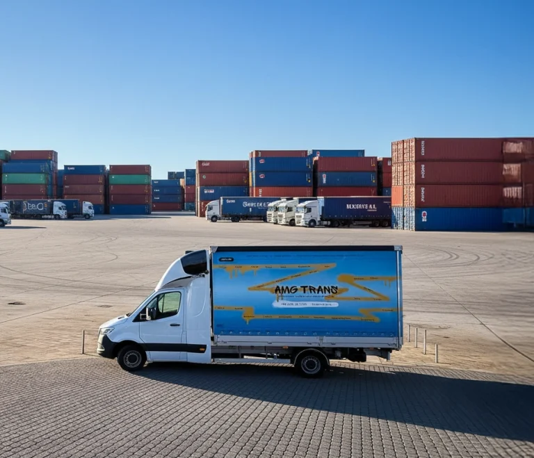 Bus dostawczy AMG Trans na placu przeładunkowym z kontenerami morskimi, symbolizujący transport FTL i LTL oraz logistykę intermodalną.