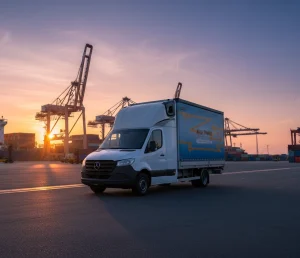 Kontrola kabotażu – eksperckie opracowanie z busem AMG Trans na tle miasta.