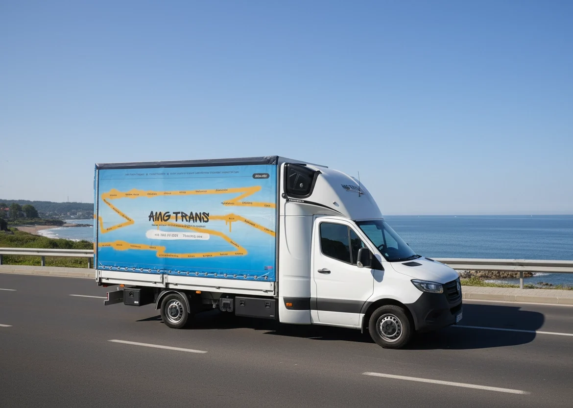 Mercedes Sprinter AMG Trans zaparkowany na poboczu drogi, z tłem nieba, zieleni i przemysłowych budynków.