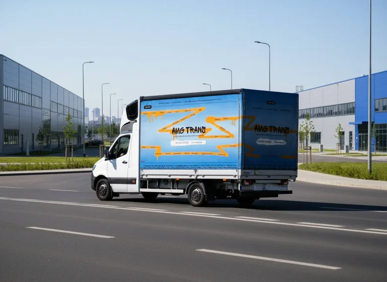 Bestelwagen van AMG Trans voor spoedtransport, rijdend door een logistiek park met grote magazijnen en distributiecentra.