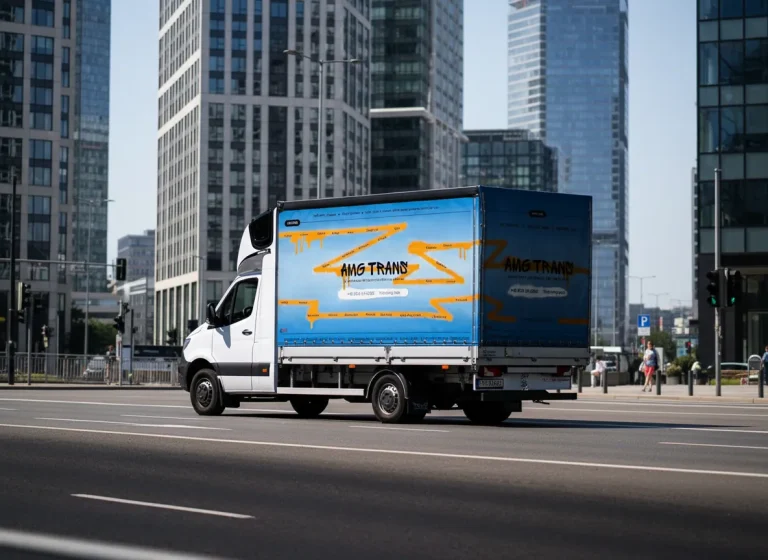 Een witte bestelwagen van AMG TRANS met een blauw zeil rijdt door een moderne stad met wolkenkrabbers op de achtergrond.