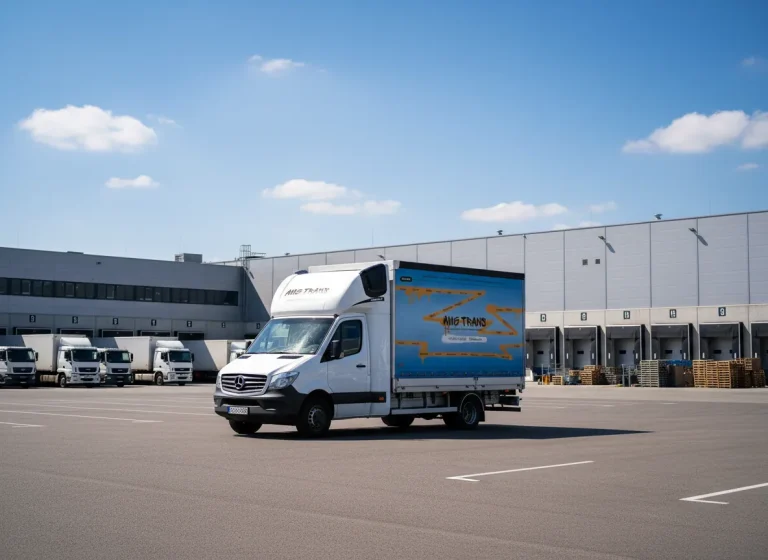 Witte bestelwagen van MIG TRANS voor internationaal transport tot 3,5 ton, geparkeerd bij een modern distributiecentrum.