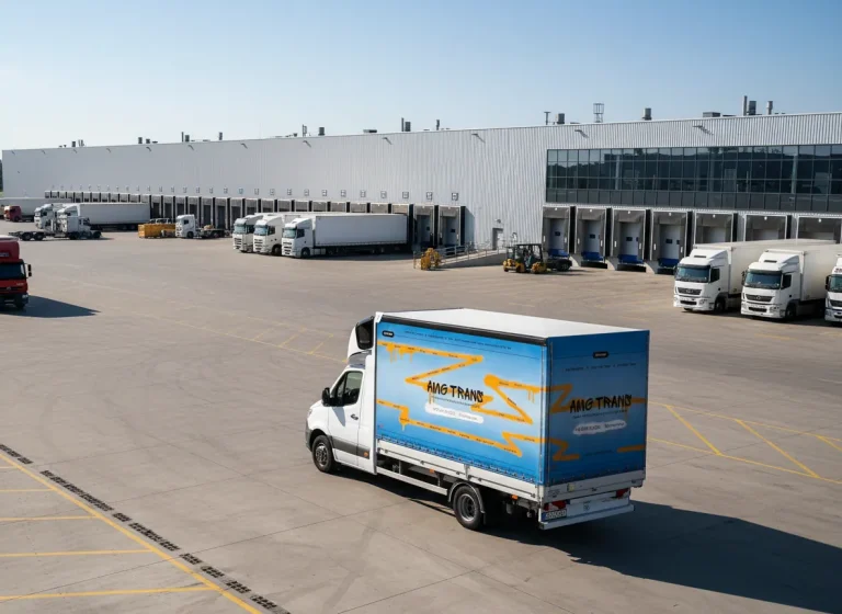 Een bestelbus voor spoedtransport rijdt op het terrein van een modern logistiek centrum, met op de achtergrond vrachtwagens bij de laadperrons.