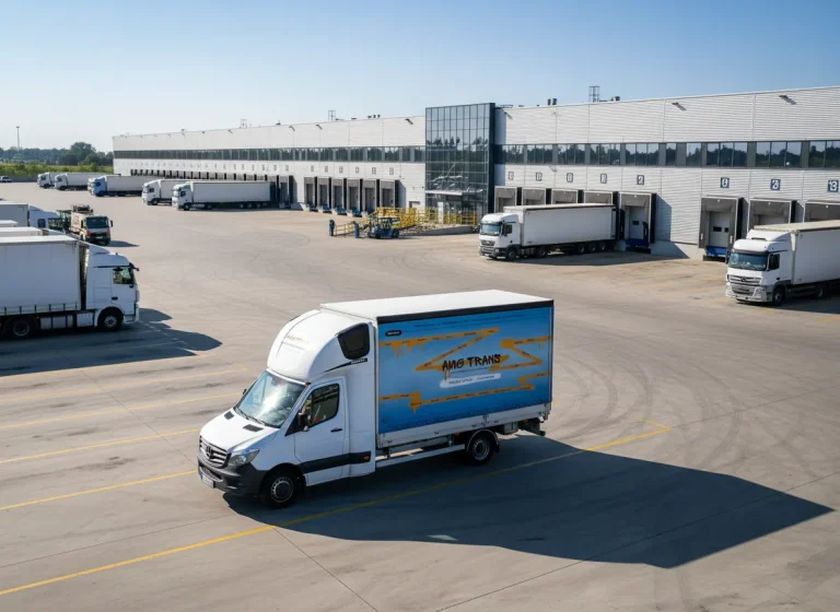 Een witte bestelbus voor spoedtransport op het terrein van een modern logistiek centrum, met op de achtergrond grote vrachtwagens die aan laadkades staan.