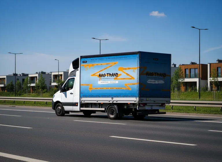 Witte bestelwagen tot 3,5 ton met een blauw zeil rijdt op een Europese snelweg, als symbool voor de groei in lichte internationale logistiek.