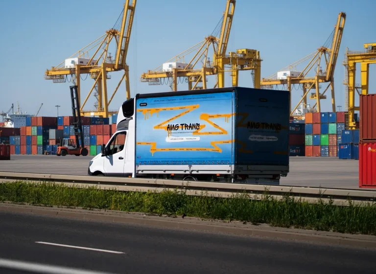 Furgone telonato per il trasporto merci fermo in un porto commerciale, con gru gialle e container impilati sullo sfondo.