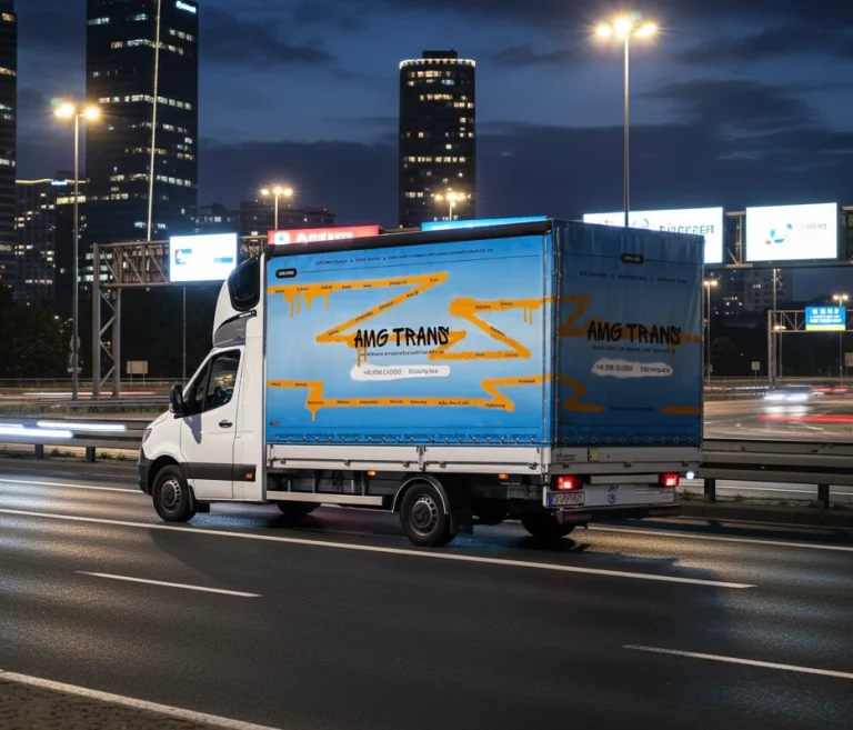 Un furgone per le consegne di AMG Trans che viaggia di notte su una strada a scorrimento veloce in una città moderna, con grattacieli illuminati sullo sfondo