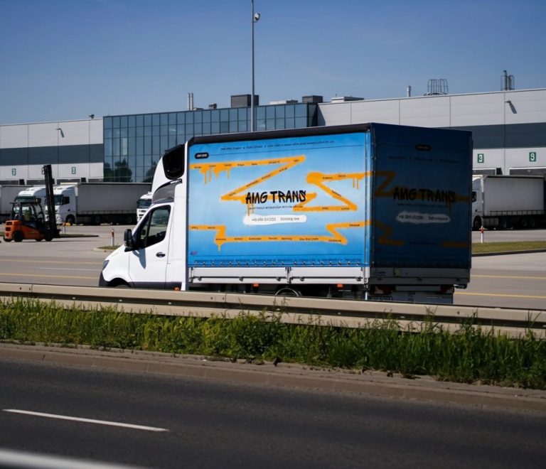 Witte bestelwagen met blauw zeil van transportbedrijf AMG TRANS, geparkeerd voor een modern logistiek magazijn met laadperrons.