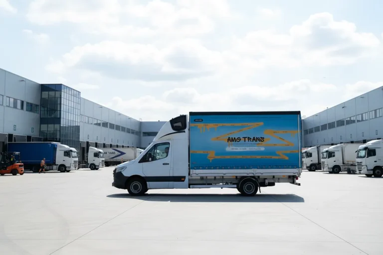 Furgone telonato bianco della compagnia di trasporti AMG TRANS, parcheggiato nel piazzale di un grande centro logistico con numerose baie di carico sullo sfondo.