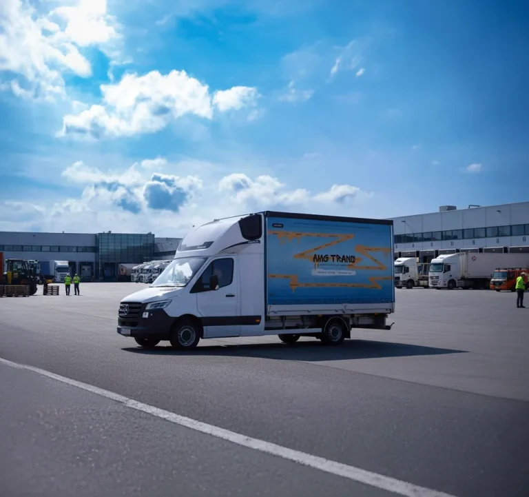 Furgone di consegna AMG TRANS bianco e blu parcheggiato in un piazzale logistico soleggiato.