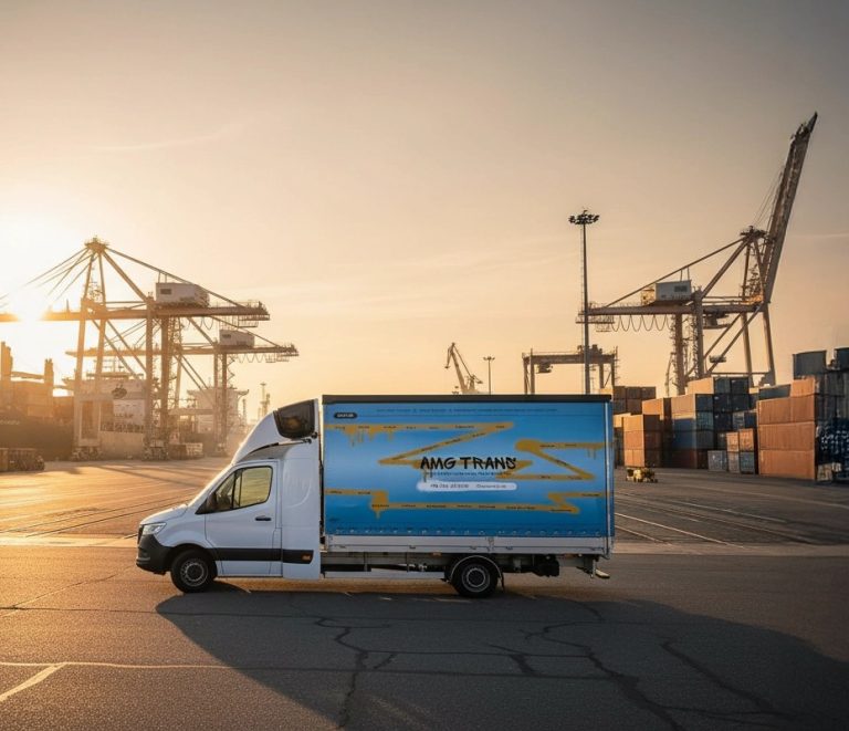 Witte bestelwagen van AMG TRANS geparkeerd in een containerhaven bij zonsondergang, met op de achtergrond grote havenkranen.