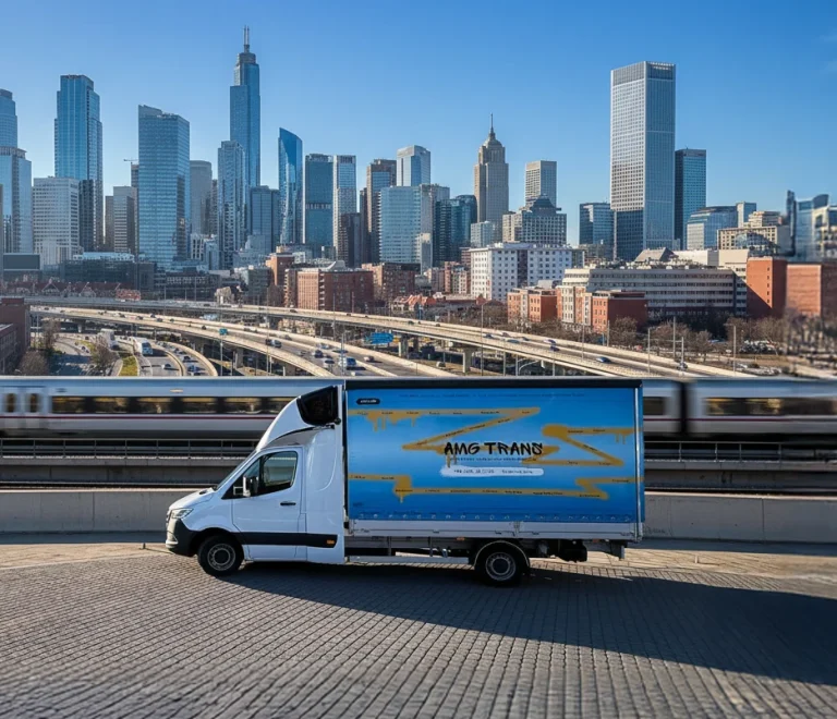 A white Mercedes Sprinter van with AMG TRANS branding on its side, parked on a paved area with a bustling city skyline and a blurred train in the background.