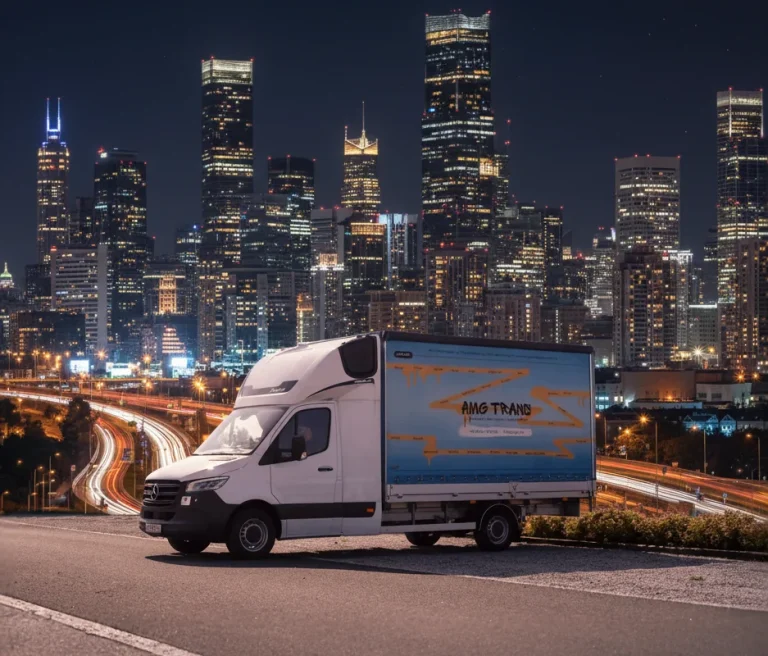 Furgone per consegne AMG Trans, simbolo della logistica premium, sullo sfondo di una metropoli notturna.