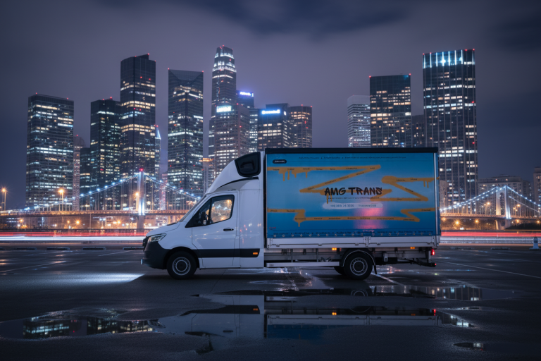 Furgone bianco per consegne parcheggiato di notte in una città, con lo skyline di grattacieli moderni e illuminati sullo sfondo e riflessi sull'asfalto bagnato.