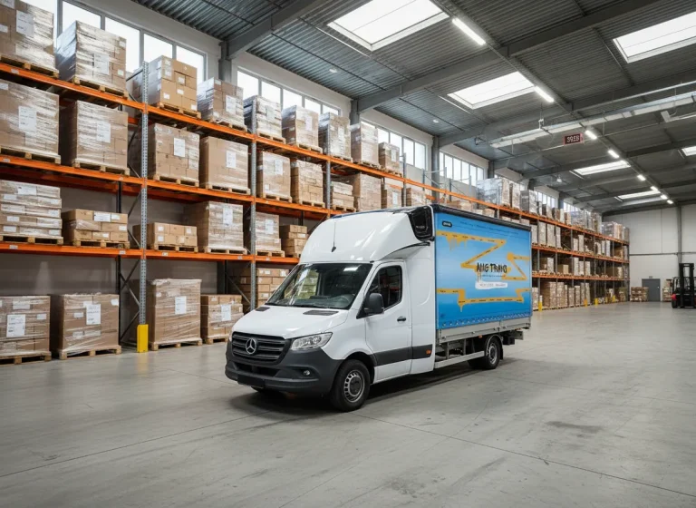 Furgone per spedizioni parcheggiato all'interno di un magazzino logistico con scaffalature cariche di merci