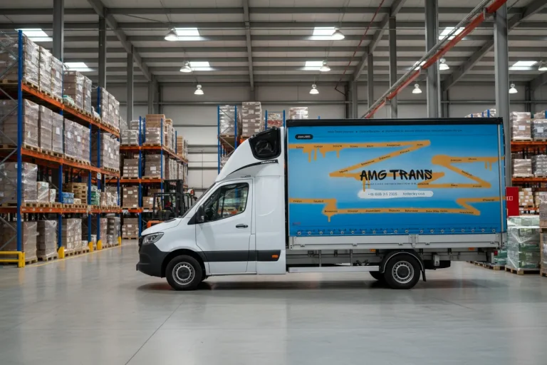 Un furgone commerciale bianco con un telone blu con la scritta "AMG TRANS" parcheggiato all'interno di un ampio magazzino con scaffalature alte e pallet di merce.