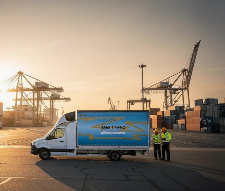 Professionele zendingvoorbereiding in de praktijk: een AMG TRANS bestelwagen in een containerhaven bij zonsondergang, met logistiek personeel.