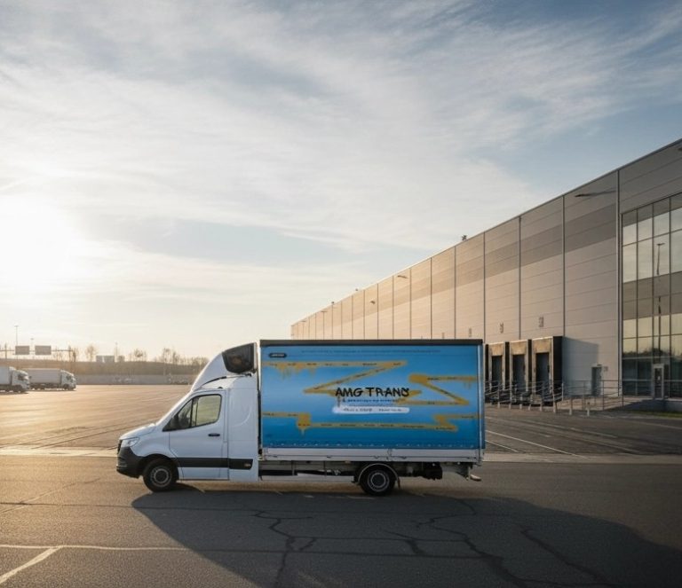 Witte bestelbus van AMG Trans geparkeerd voor een modern logistiek distributiecentrum.