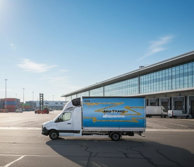 Witte bestelwagen met AMG Trans-logo op zijwand, geparkeerd op een logistiek terrein met laaddocks en containers op de achtergrond.