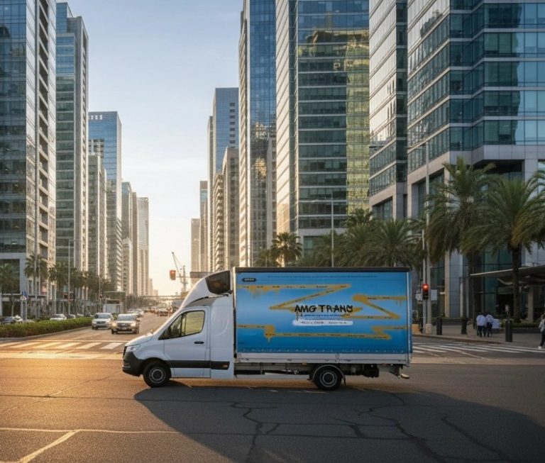 Een witte bestelwagen van AMG TRANS, voor deur-tot-deur transport, rijdt door een moderne stad met wolkenkrabbers bij zonsondergang.