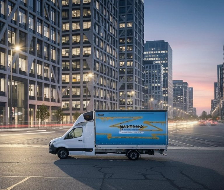 Witte bestelwagen van AMG TRANS voor stadslogistiek, geparkeerd in een moderne stad bij schemering.