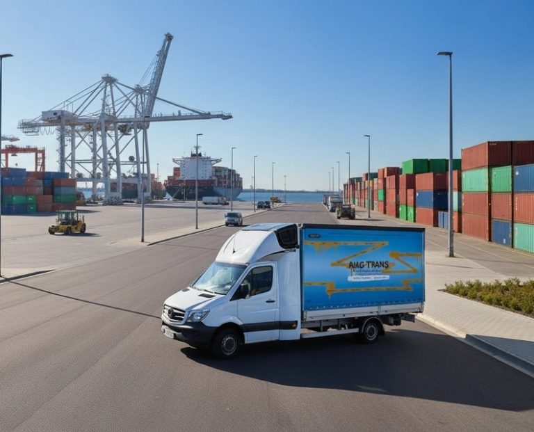 Witte bestelwagen van AIAG-TRANS op containerterminal met containers en kraanschepen.