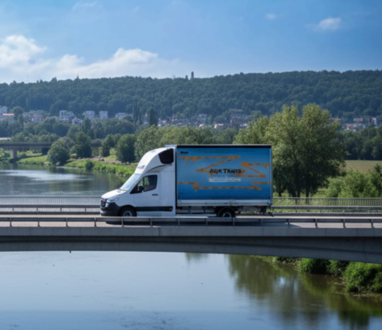 AMG Trans Lieferwagen mit blauer Plane auf einer internationalen Straße, symbolisiert den **internationaler transport 3,5 tonnen** und flexible Logistik.