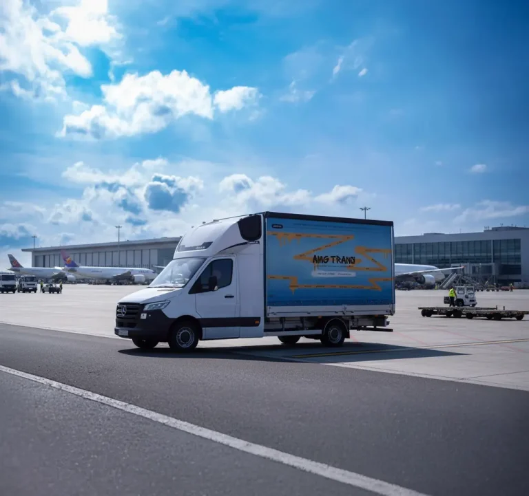 Un furgone bianco per le consegne della compagnia "AMG TRANS" si muove sul piazzale di un aeroporto. Sullo sfondo sono visibili diversi aerei passeggeri parcheggiati vicino al terminal, sotto un cielo azzurro con nuvole bianche.