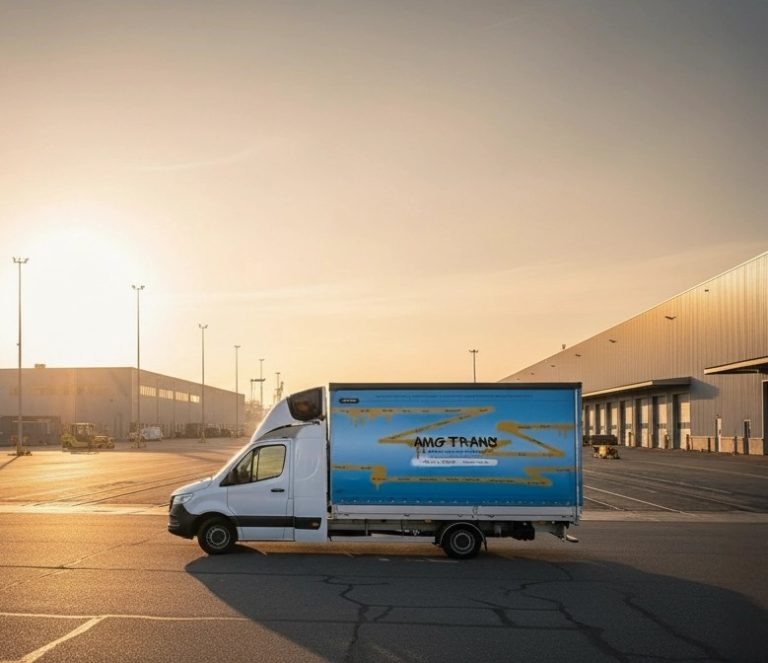 Véhicule utilitaire léger spécialisé 3,5t de transport, carrossé, garé dans un grand centre logistique au crépuscule.
