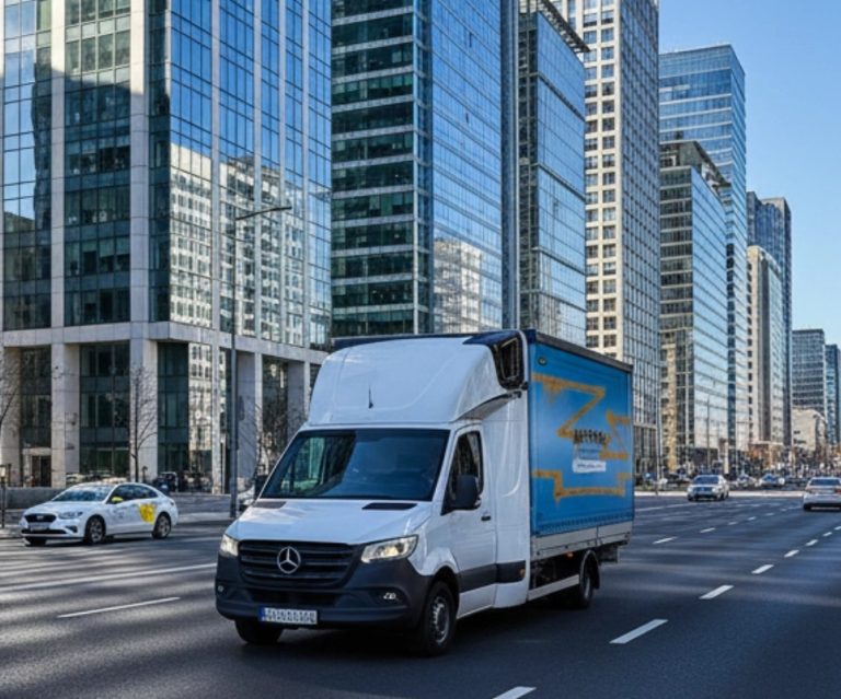 Camion de livraison moderne circulant sur une avenue urbaine entourée de gratte-ciels vitrés dans un quartier d'affaires.