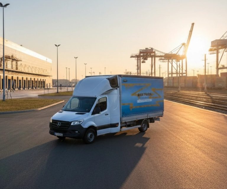 Camion utilitaire de livraison rapide stationné devant un hub logistique moderne et des grues portuaires au lever du soleil.