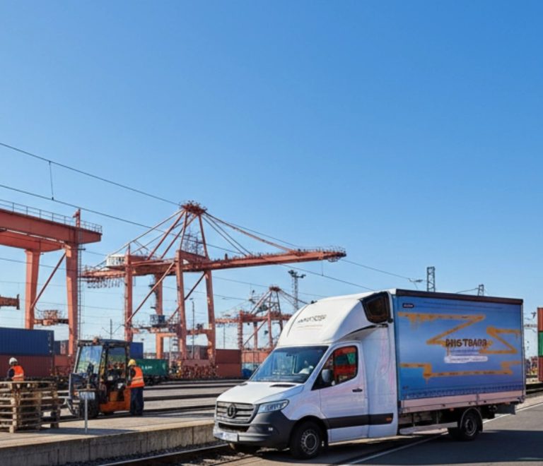 Un VUL de 3,5 tonnes blanc dans un terminal logistique intermodal, avec des grues portuaires rouges et un chariot élévateur en arrière-plan.
