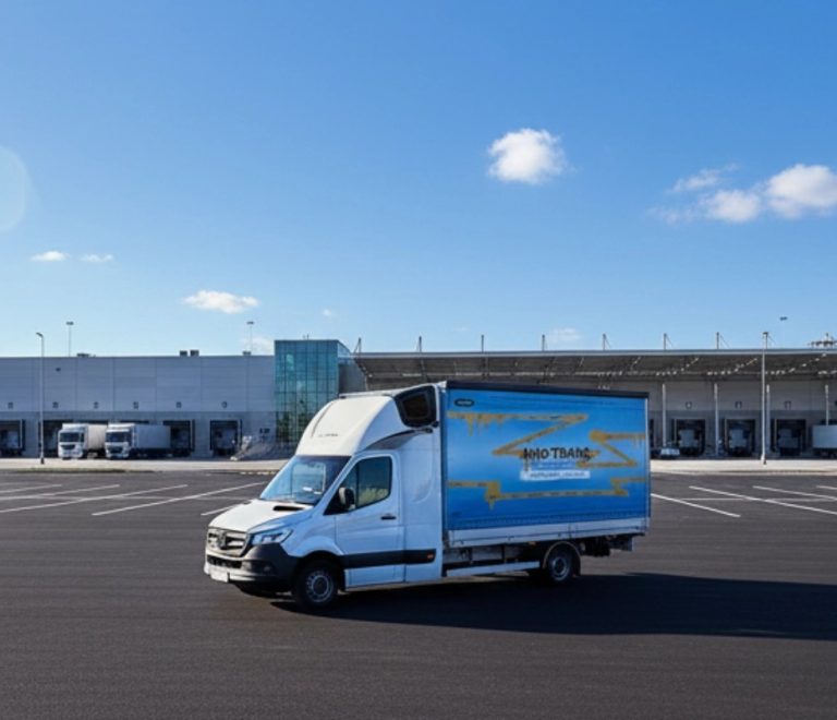 Fourgon de livraison blanc garé sur un grand parking vide devant un entrepôt logistique.