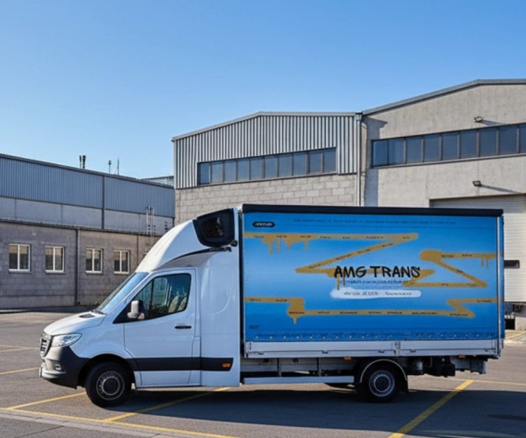 Camionnette de livraison AMG Trans garée dans une cour logistique industrielle devant des entrepôts avec quais de chargement sous un ciel bleu.