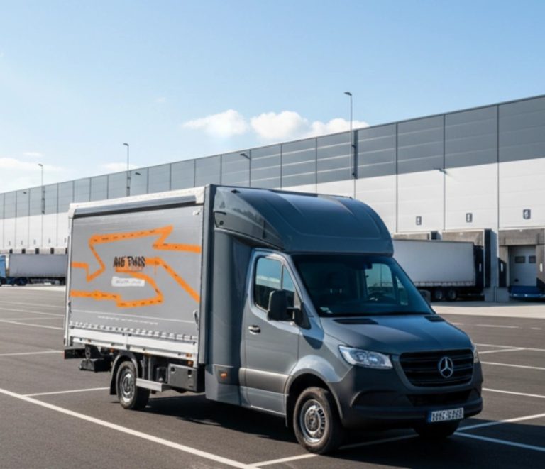 Camionnette utilitaire avec hayon stationnée devant des quais de chargement logistiques pour un enlèvement de fret B2B.
