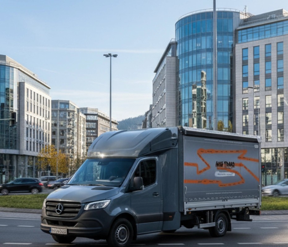 La sécurité du chargement est un enjeu quotidien pour les véhicules de livraison opérant en milieu urbain, comme ce fourgon en pleine tournée.