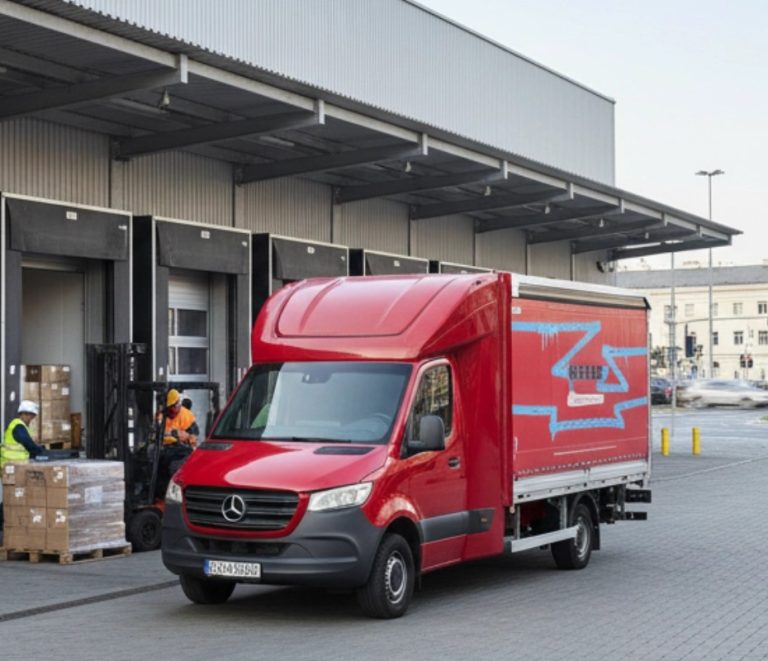 Camion de livraison rouge stationné à un quai de chargement logistique lors de la manutention de palettes de marchandises.