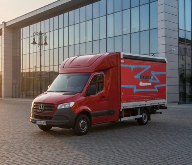 Camion de livraison rouge Mercedes-Benz stationné devant un bâtiment moderne, illustrant le transport de fret urbain.