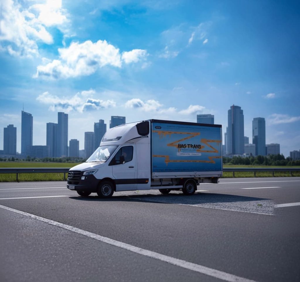 Bus AMG Trans przed nowoczesnym biurowcem – transport międzynarodowy na terenie UE