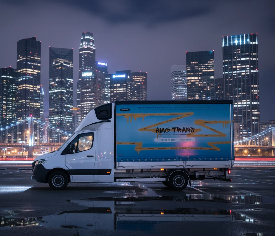 Mercedes Sprinter AMG Trans zaparkowany na poboczu drogi, z tłem nieba, zieleni i przemysłowych budynków.