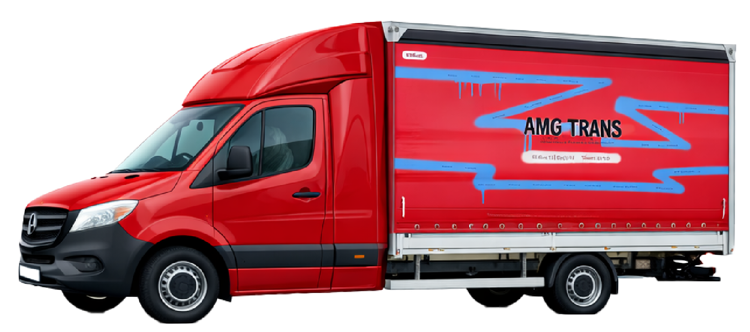 Czerwony samochód dostawczy AMG Trans z zabudową plandekową