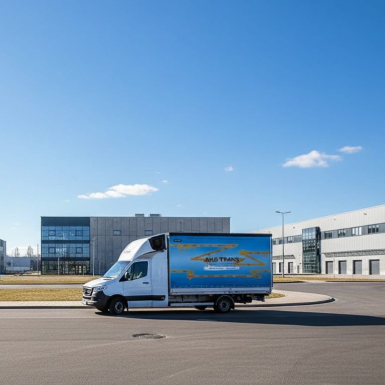 Nowoczesny bus transportowy AMG-Trans do 3,5t zaparkowany przed halą logistyczną.