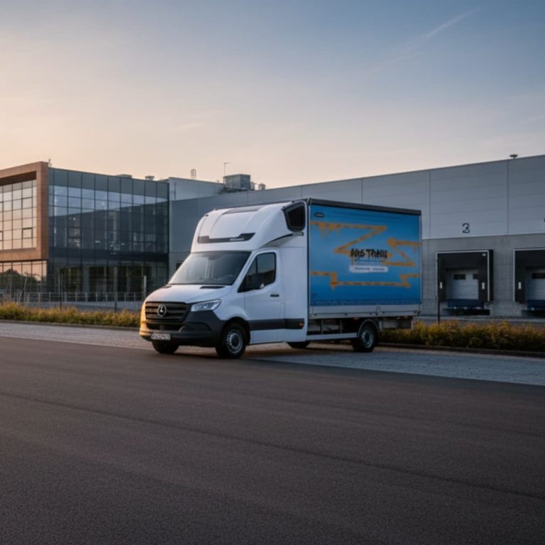 Biały bus dostawczy do 3,5t w barwach AMG Trans zaparkowany pod nowoczesnym centrum logistycznym o wschodzie słońca.