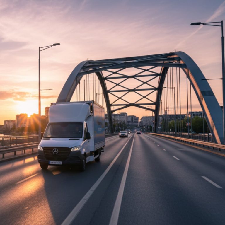 Biały bus dostawczy jadący przez nowoczesny most o zachodzie słońca, symbolizujący międzynarodowy transport drogowy do 3,5t.
