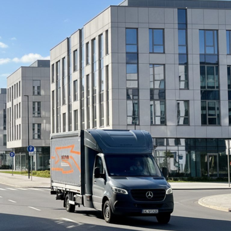 A grey Mercedes-Benz Sprinter delivery van with a curtain side body driving through a modern business district with glass office buildings.