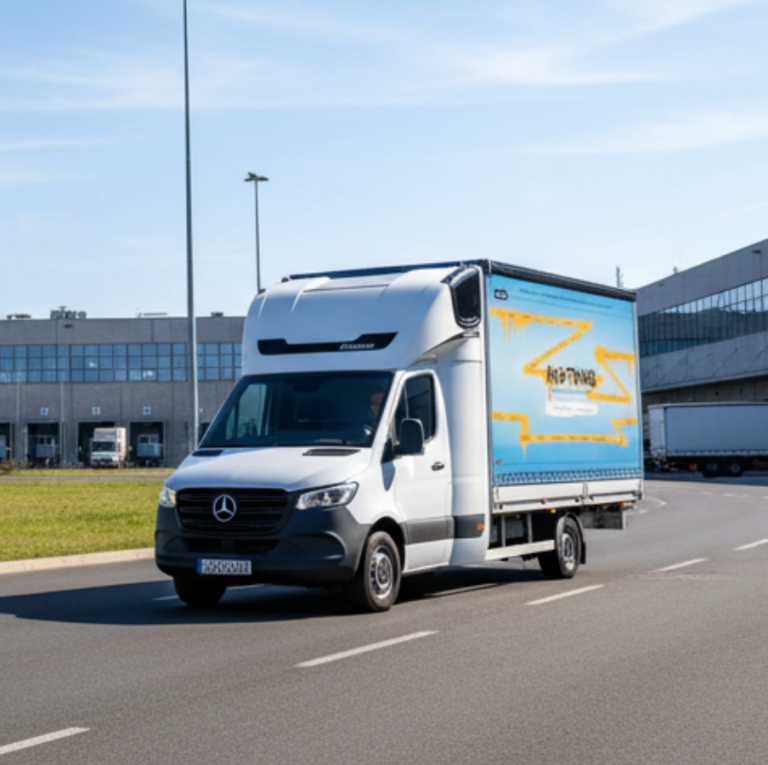 White Mercedes-Benz Sprinter LCV box van with blue side panel driving on a logistics park road, with a large warehouse building in the background.