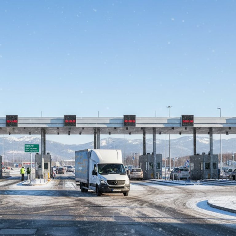 Kierowca busa dostawczego do 3,5 t przekazuje dokumenty transportowe podczas odprawy.